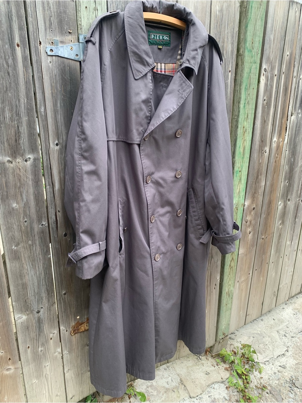 PIER 91 Vintage Grey Double-Breasted Trench Coat Size R 48 Classic Plaid Lining